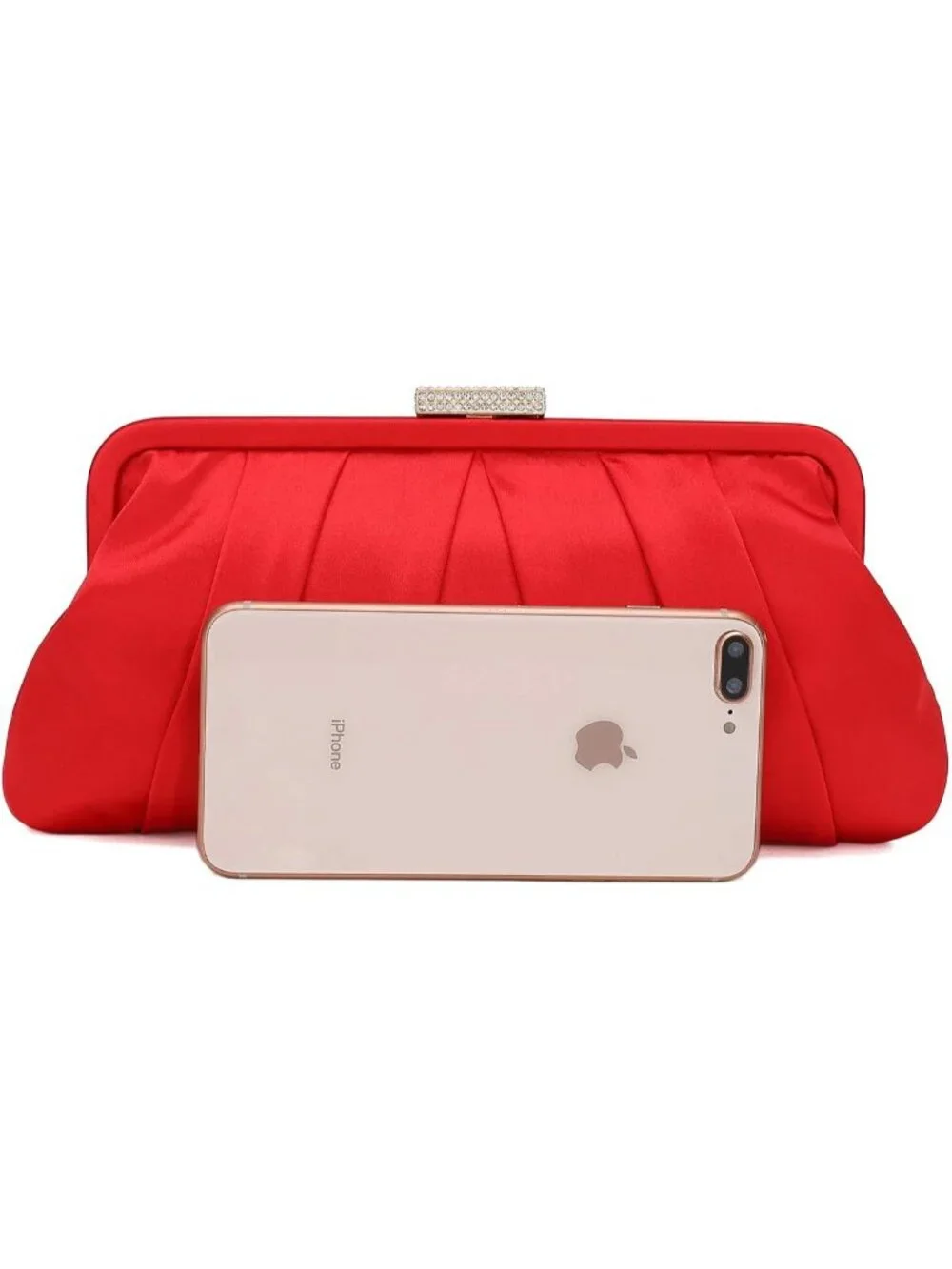 👜 Women's Red Classic Pleated Satin Clutch Bag Diamante Embellished Clutch